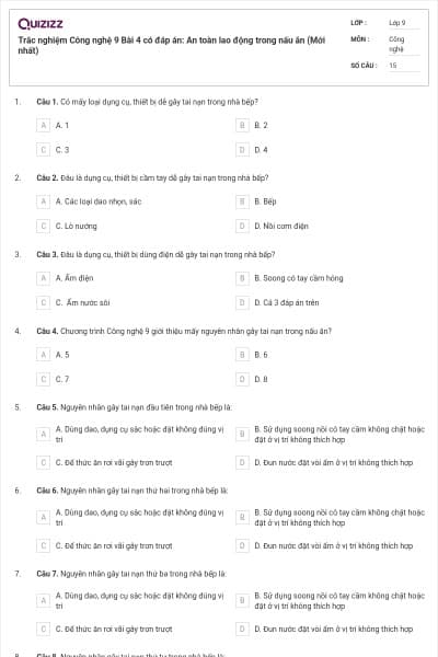 Trắc nghiệm Công nghệ 9 Bài 4 có đáp án: An toàn lao động trong nấu ăn (Mới nhất)