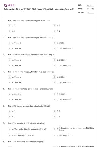 Trắc nghiệm Công nghệ 9 Bài 12 (có đáp án): Thực hành: Món nướng (Mới nhất)