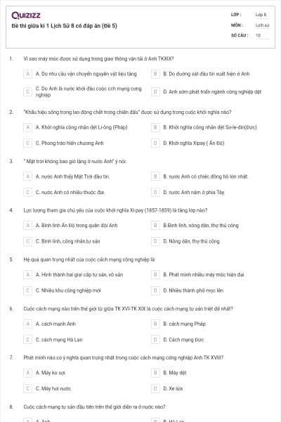 Đề thi giữa kì 1 Lịch Sử 8 có đáp án (Đề 5)