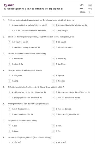 13 câu Trắc nghiệm Địa lý 6 Kết nối tri thức Bài 1 có đáp án (Phần 2)