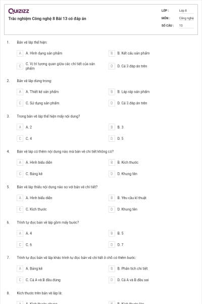 Trắc nghiệm Công nghệ 8 Bài 13 có đáp án