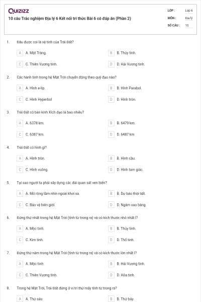 10 câu Trắc nghiệm Địa lý 6 Kết nối tri thức Bài 6 có đáp án (Phần 2)