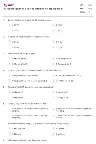 13 câu Trắc nghiệm Địa lý 6 Kết nối tri thức Bài 7 có đáp án (Phần 2)