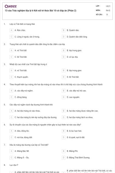 13 câu Trắc nghiệm Địa lý 6 Kết nối tri thức Bài 10 có đáp án (Phần 2)
