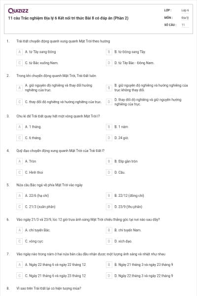 11 câu Trắc nghiệm Địa lý 6 Kết nối tri thức Bài 8 có đáp án (Phần 2)