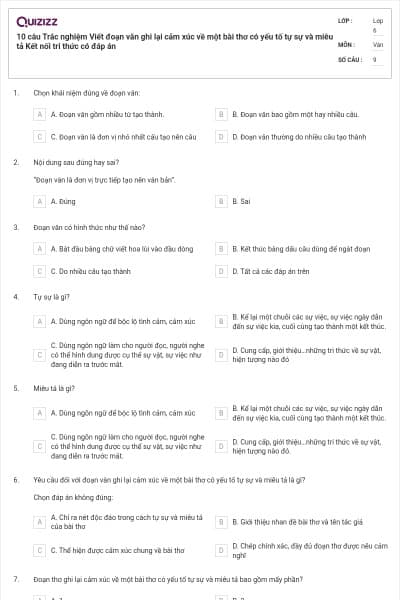 10 câu Trắc nghiệm Viết đoạn văn ghi lại cảm xúc về một bài thơ có yếu tố tự sự và miêu tả Kết nối tri thức có đáp án