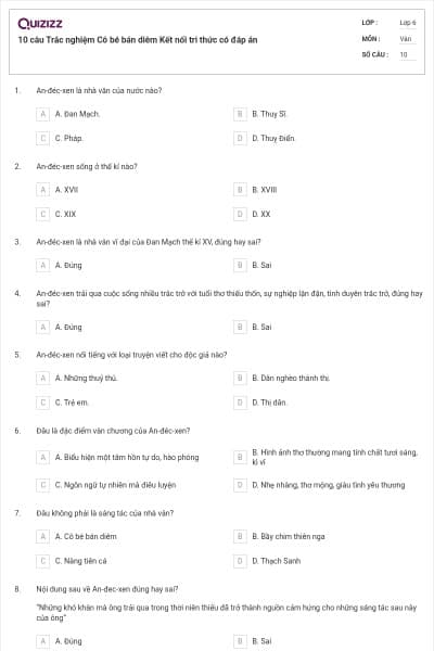 10 câu Trắc nghiệm Cô bé bán diêm Kết nối tri thức có đáp án