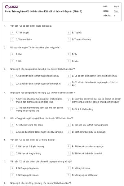 8 câu Trắc nghiệm Cô bé bán diêm Kết nối tri thức có đáp án (Phần 2)