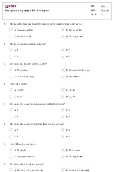 Trắc nghiệm Công nghệ 8 Bài 18 có đáp án