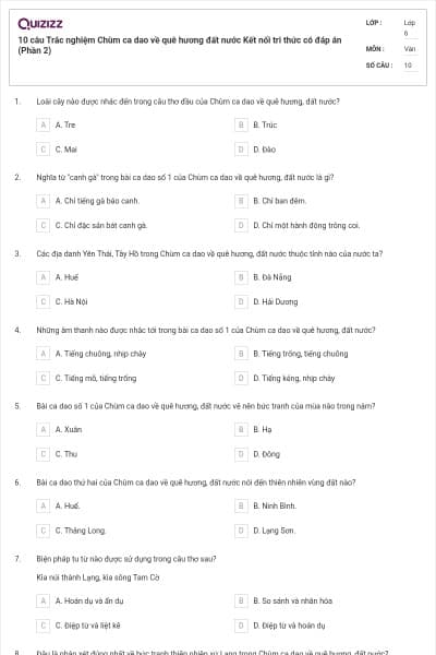 10 câu Trắc nghiệm Chùm ca dao về quê hương đất nước Kết nối tri thức có đáp án (Phần 2)