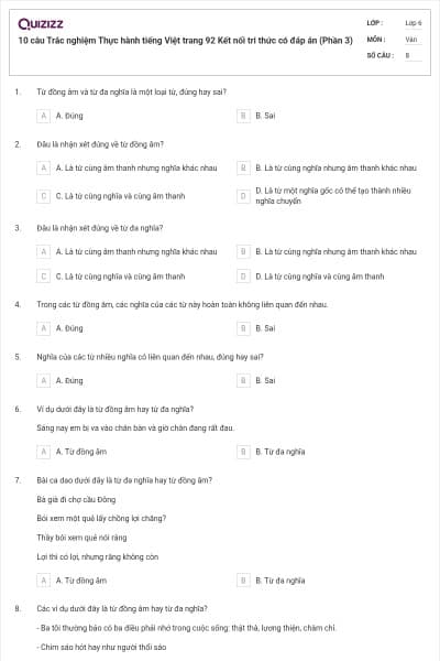10 câu Trắc nghiệm Thực hành tiếng Việt trang 92 Kết nối tri thức có đáp án (Phần 3)
