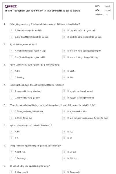 16 câu Trắc nghiệm Lịch sử 6 Kết nối tri thức Lưỡng Hà cổ đại có đáp án