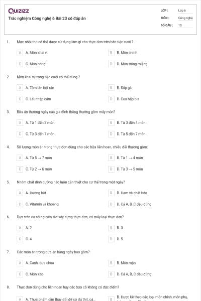 Trắc nghiệm Công nghệ 6 Bài 23 có đáp án