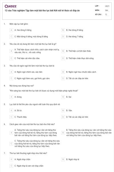 12 câu Trắc nghiệm Tập làm một bài thơ lục bát Kết nối tri thức có đáp án