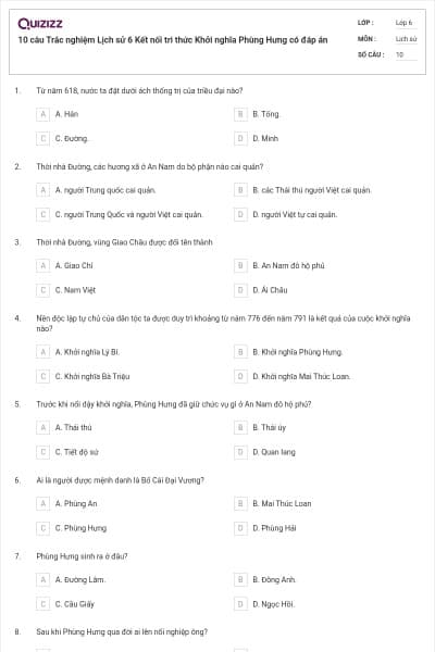10 câu Trắc nghiệm Lịch sử 6 Kết nối tri thức Khởi nghĩa Phùng Hưng có đáp án
