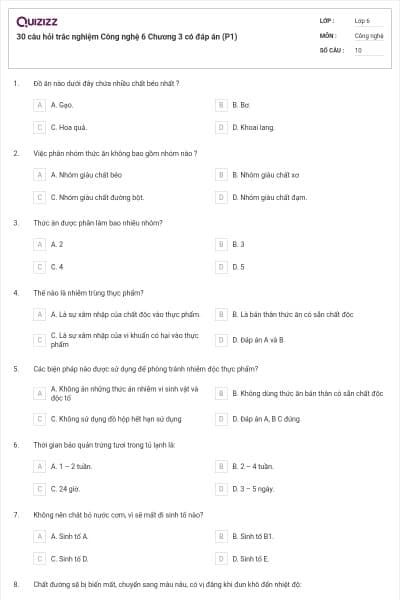 30 câu hỏi trắc nghiệm Công nghệ 6 Chương 3 có đáp án (P1)