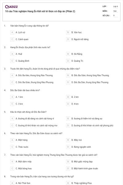 10 câu Trắc nghiệm Hang Én Kết nối tri thức có đáp án (Phần 2)