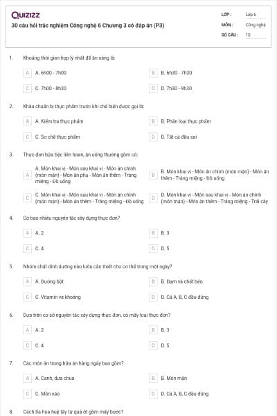 30 câu hỏi trắc nghiệm Công nghệ 6 Chương 3 có đáp án (P3)
