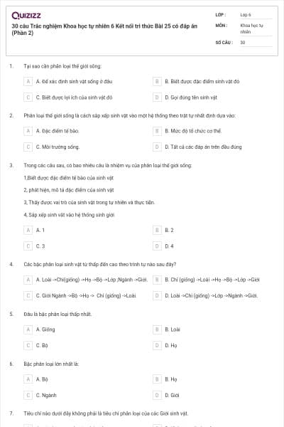 30 câu Trắc nghiệm Khoa học tự nhiên 6 Kết nối tri thức Bài 25 có đáp án (Phần 2)