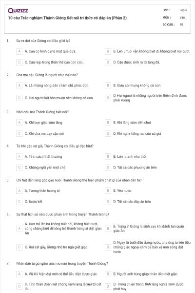 10 câu Trắc nghiệm Thánh Gióng Kết nối tri thức có đáp án (Phần 2)