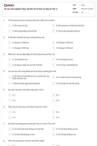 28 câu Trắc nghiệm Thực vật Kết nối tri thức có đáp án (Đề 1)