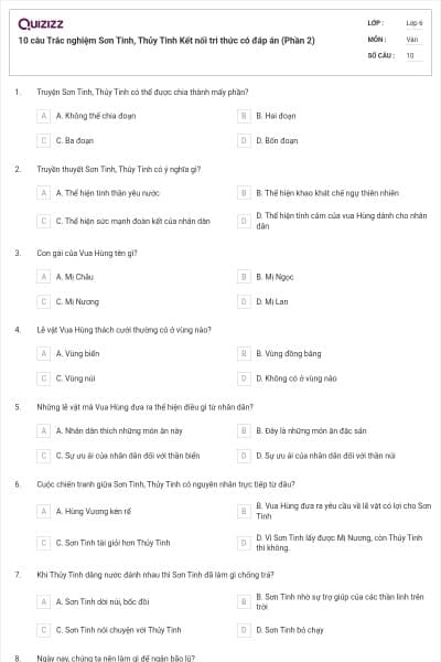 10 câu Trắc nghiệm Sơn Tinh, Thủy Tinh Kết nối tri thức có đáp án (Phần 2)
