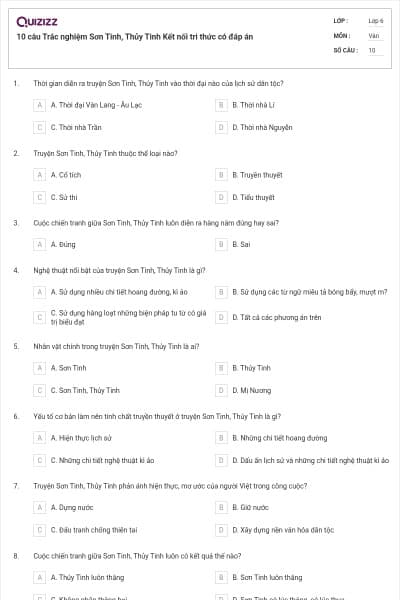 10 câu Trắc nghiệm Sơn Tinh, Thủy Tinh Kết nối tri thức có đáp án