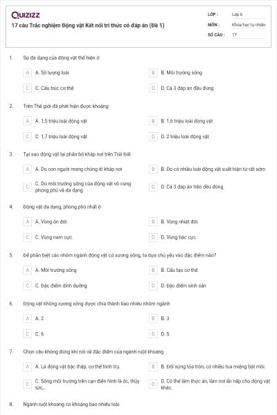 17 câu Trắc nghiệm Động vật Kết nối tri thức có đáp án (Đề 1)