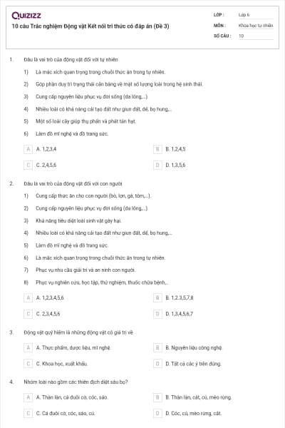 10 câu Trắc nghiệm Động vật Kết nối tri thức có đáp án (Đề 3)
