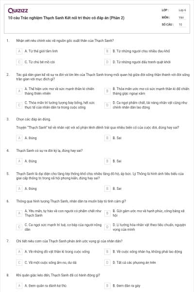 10 câu Trắc nghiệm Thạch Sanh Kết nối tri thức có đáp án (Phần 2)