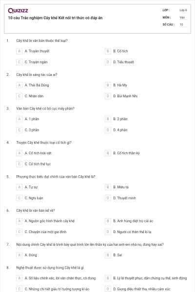 10 câu Trắc nghiệm Cây khế Kết nối tri thức có đáp án