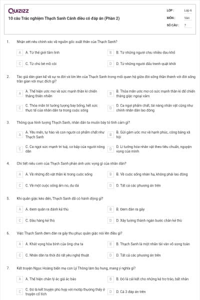 10 câu Trắc nghiệm Thạch Sanh Cánh diều có đáp án (Phần 2)