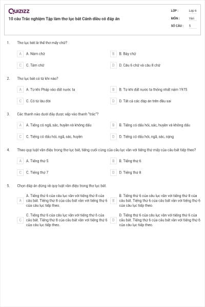 10 câu Trắc nghiệm Tập làm thơ lục bát Cánh diều có đáp án
