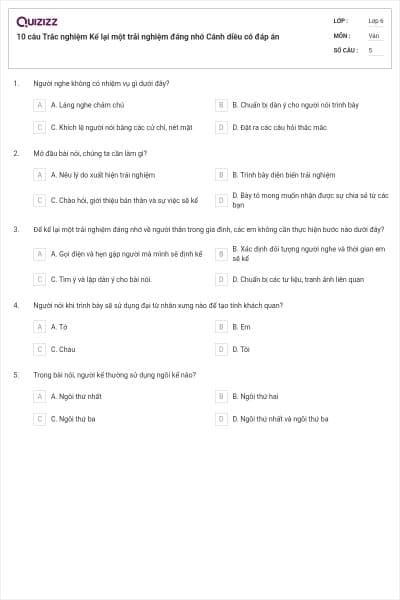 10 câu Trắc nghiệm Kể lại một trải nghiệm đáng nhớ Cánh diều có đáp án