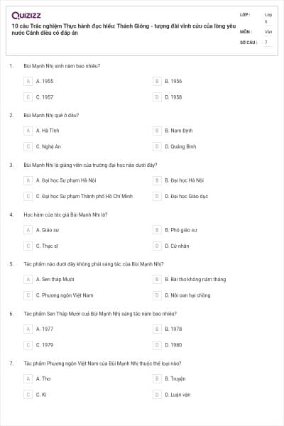 10 câu Trắc nghiệm Thực hành đọc hiểu: Thánh Gióng - tượng đài vĩnh cửu của lòng yêu nước Cánh diều có đáp án