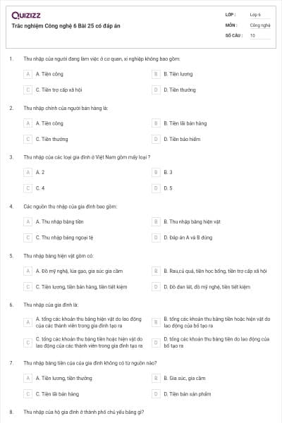 Trắc nghiệm Công nghệ 6 Bài 25 có đáp án
