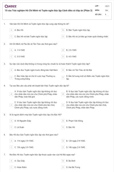 10 câu Trắc nghiệm Hồ Chí Minh và Tuyên ngôn Độc lập Cánh diều có đáp án (Phần 3)