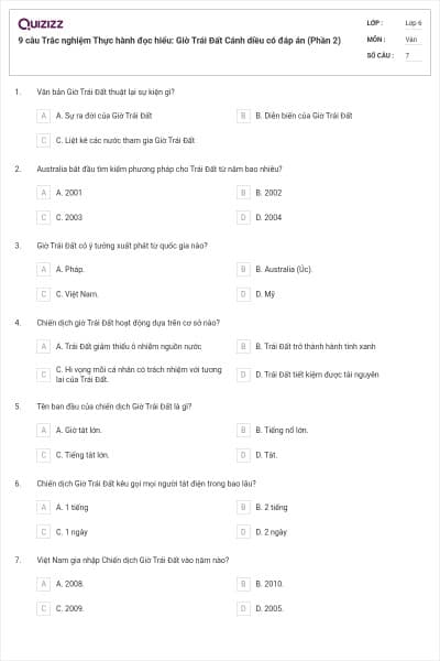 9 câu Trắc nghiệm Thực hành đọc hiểu: Giờ Trái Đất Cánh diều có đáp án (Phần 2)