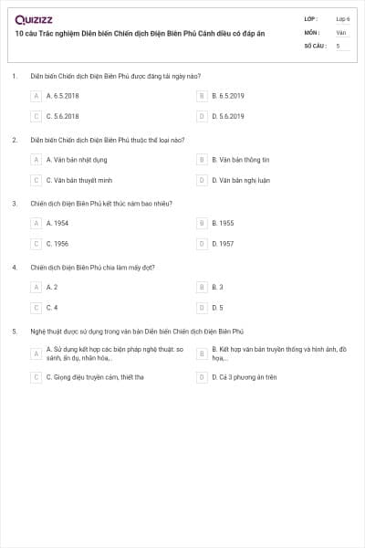 10 câu Trắc nghiệm Diễn biến Chiến dịch Điện Biên Phủ Cánh diều có đáp án