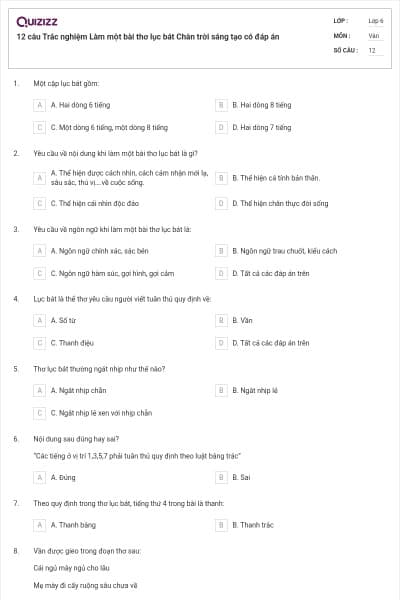 12 câu Trắc nghiệm Làm một bài thơ lục bát Chân trời sáng tạo có đáp án