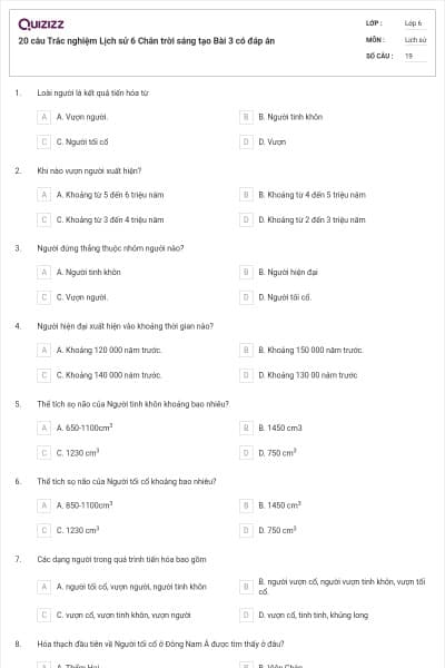 20 câu Trắc nghiệm Lịch sử 6 Chân trời sáng tạo Bài 3 có đáp án