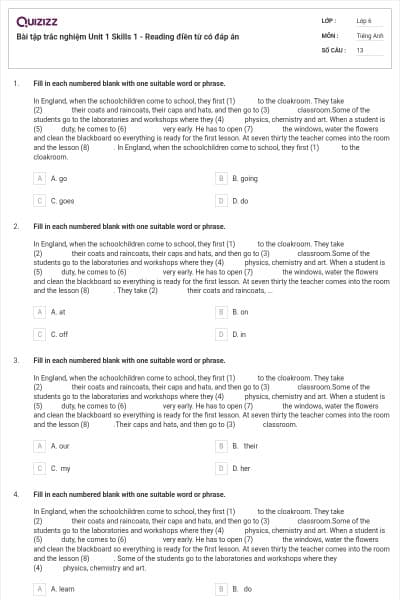 Bài tập trắc nghiệm Unit 1 Skills 1 - Reading điền từ có đáp án