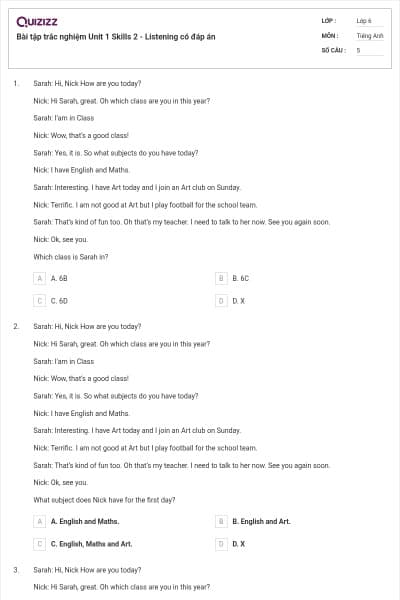 Bài tập trắc nghiệm Unit 1 Skills 2 - Listening có đáp án