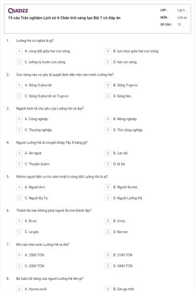 15 câu Trắc nghiệm Lịch sử 6 Chân trời sáng tạo Bài 7 có đáp án