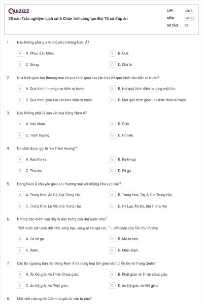 20 câu Trắc nghiệm Lịch sử 6 Chân trời sáng tạo Bài 13 có đáp án
