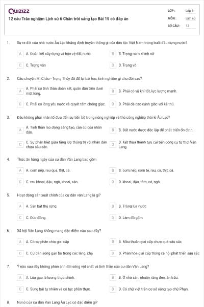 12 câu Trắc nghiệm Lịch sử 6 Chân trời sáng tạo Bài 15 có đáp án