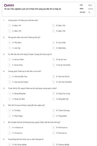 18 câu Trắc nghiệm Lịch sử 6 Chân trời sáng tạo Bài 20 có đáp án