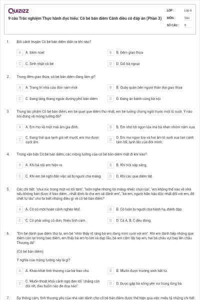 9 câu Trắc nghiệm Thực hành đọc hiểu: Cô bé bán diêm Cánh diều có đáp án (Phần 3)