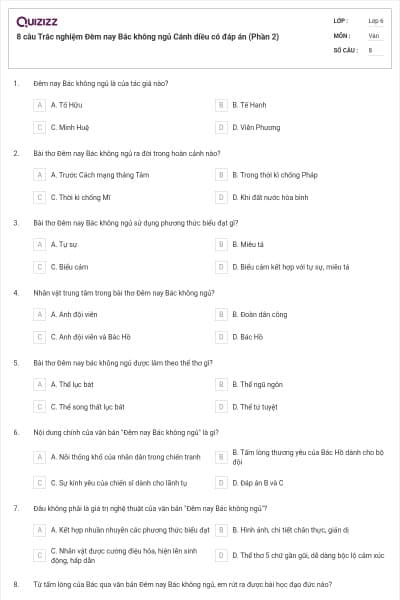8 câu Trắc nghiệm Đêm nay Bác không ngủ Cánh diều có đáp án (Phần 2)