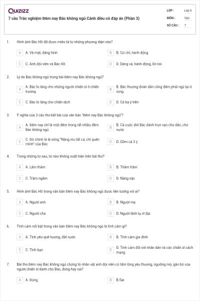 7 câu Trắc nghiệm Đêm nay Bác không ngủ Cánh diều có đáp án (Phần 3)